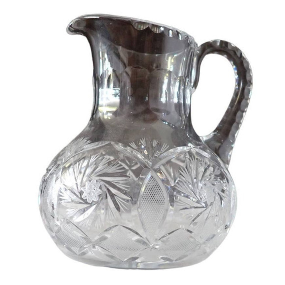 Vintage Clear Cut Glass Hobstar Crosshatch Pinwheel Glass Water‎ Pitcher